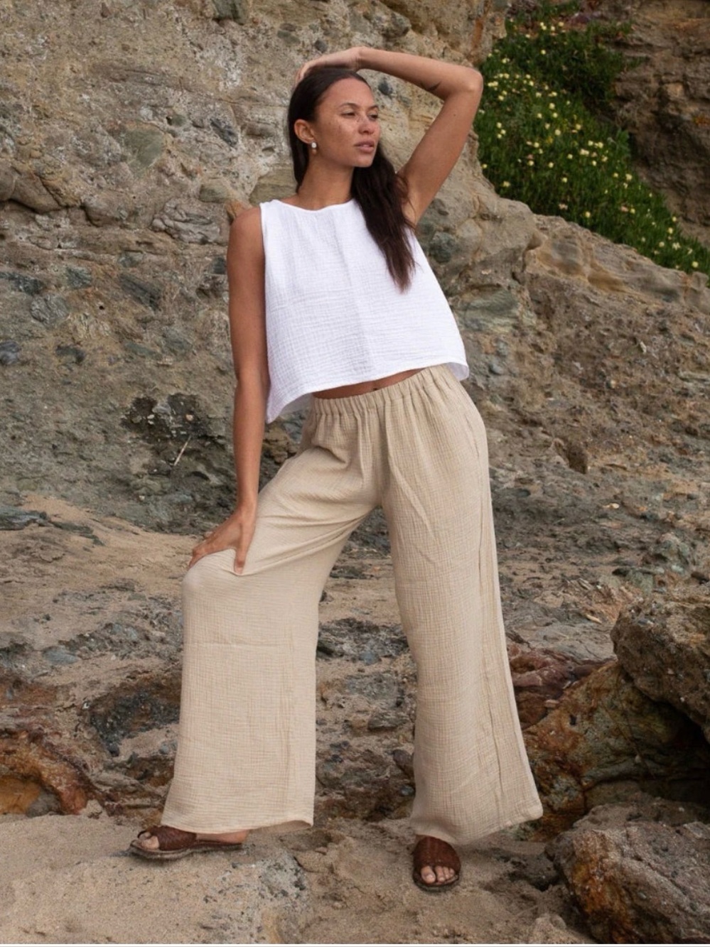 Honest Cotton Light Beige Cropped Gauze Pants with Elastic Waist